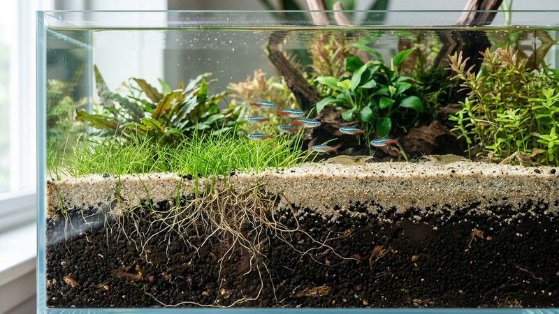 un corte lateral de un acuario que muestra dos capas de suelo: sustrato nutritivo oscuro abajo y una capa de arena natural clara encima, con raíces de plantas atravesándolas