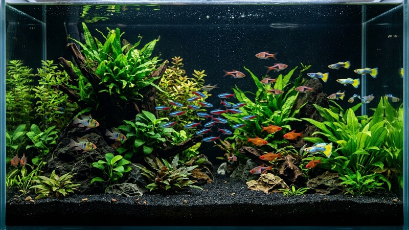 un acuario con sustrato oscuro donde los peces de colores vivos y las plantas verdes resaltan con intensidad sobre el fondo profundo y el agua cristalina