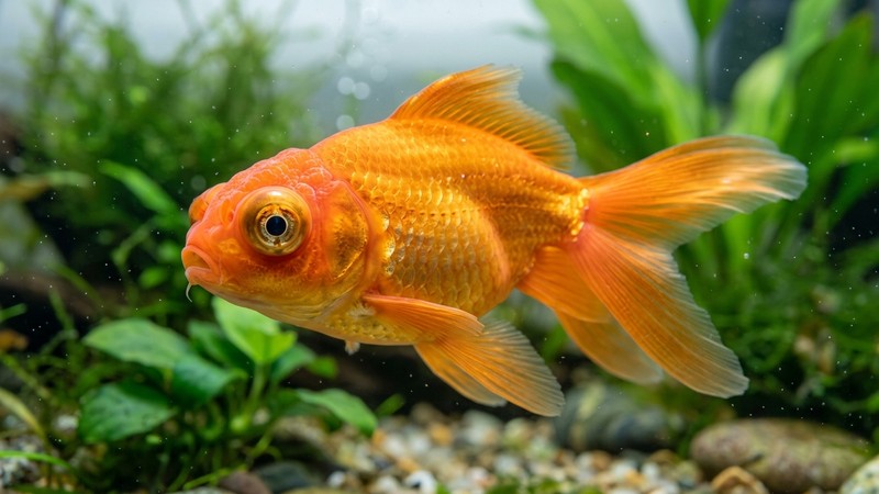 un primer plano de un pez telescopio naranja con los ojos saltones muy marcados a los lados de la cabeza, en agua clara