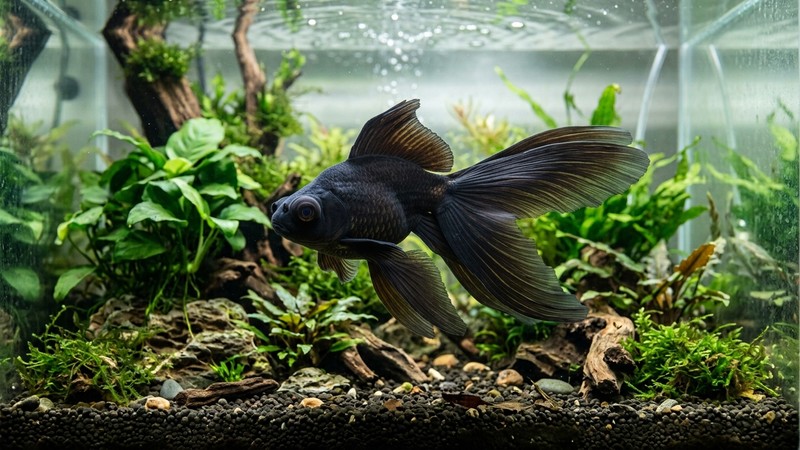 un black moor de color negro aterciopelado con aletas largas y flotantes nadando en un acuario limpio