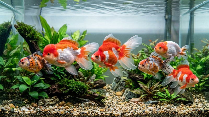 varios goldfish fancy de cuerpo redondo y globoso, una oranda y un ryukin, nadando juntos en agua cristalina