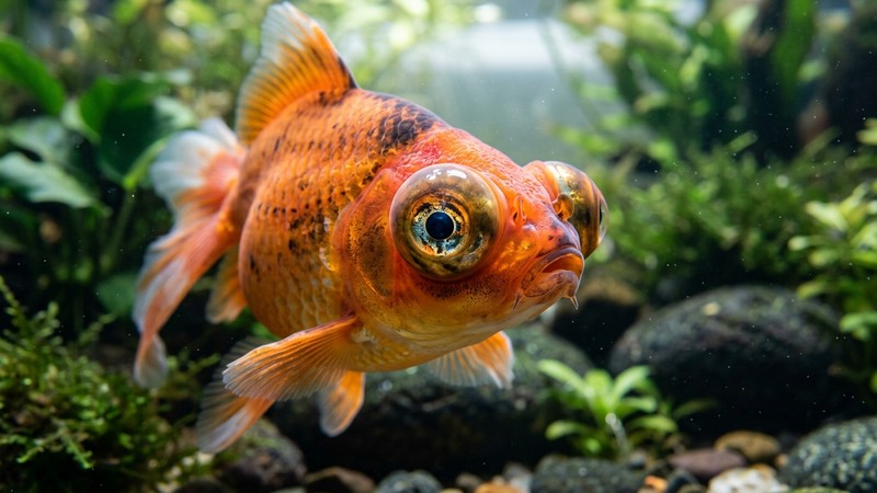 un primer plano de un pez telescopio mostrando sus grandes ojos redondos que sobresalen de la cabeza, en agua muy clara