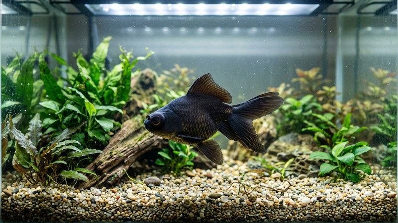 un pez telescopio sano y bien alimentado nadando tranquilo cerca del fondo de grava fina de un acuario