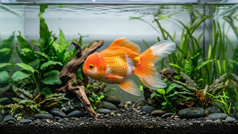 un goldfish redondo nadando equilibrado y estable a media agua en un acuario de agua cristalina
