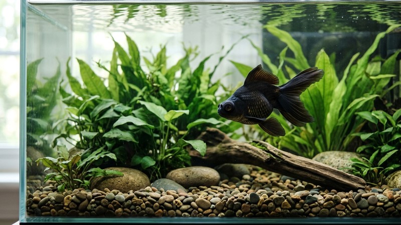 un acuario sencillo y despejado con grava redondeada, plantas naturales de hoja blanda y sin objetos punzantes, con un black moor nadando