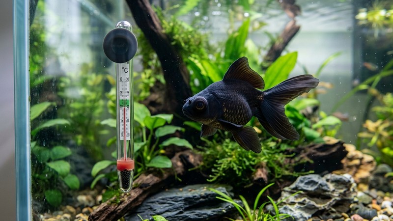 un termómetro sumergido en un acuario de agua fresca con un pez telescopio negro al lado