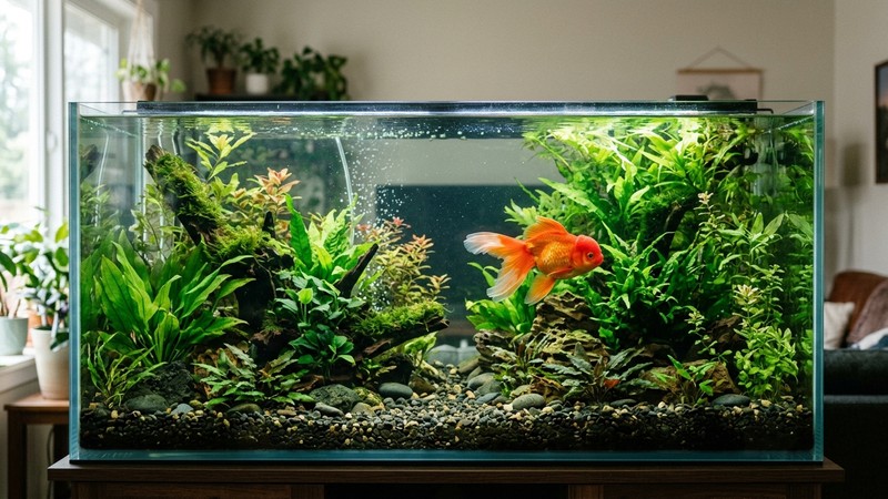 un acuario amplio y alargado de agua cristalina bien plantado con un pez telescopio nadando con espacio de sobra