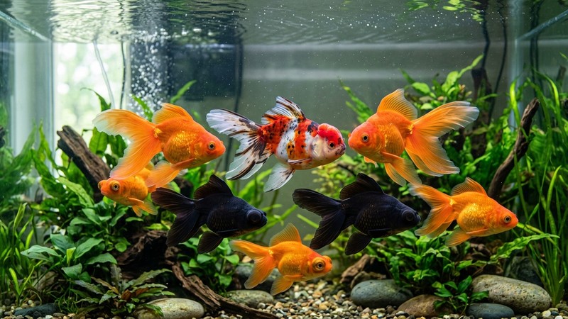 un grupo de goldfish fancy de colas flotantes, moros negros y telescopios naranjas, nadando juntos y sanos en un acuario amplio