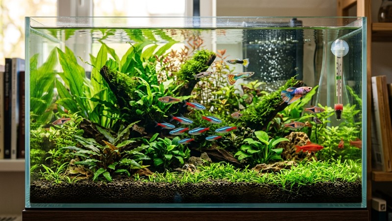 un acuario plantado cálido y cristalino con un termómetro de cristal sujeto al vidrio interior y peces tropicales de colores vivos nadando activos entre las plantas verdes