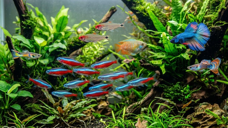 un primer plano de peces tropicales coloridos y vigorosos nadando enérgicos en un acuario plantado de agua muy limpia y templada
