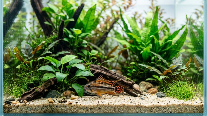 un pez tropical descansando tranquilo cerca del fondo de un acuario plantado de agua cristalina y estable, con la vegetación verde alrededor