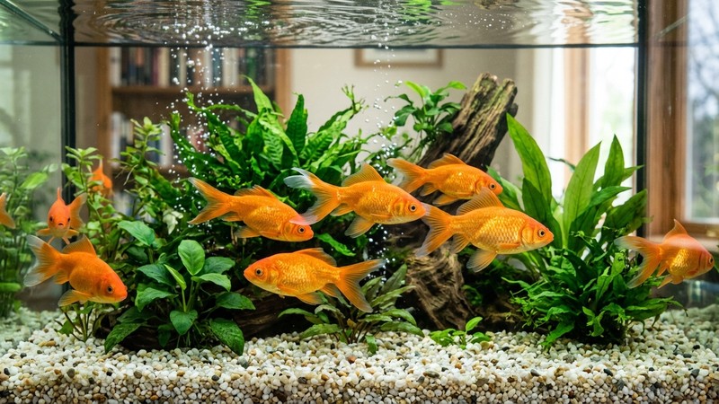 varios goldfish naranjas nadando en un acuario limpio de agua fría con grava clara y algunas plantas verdes
