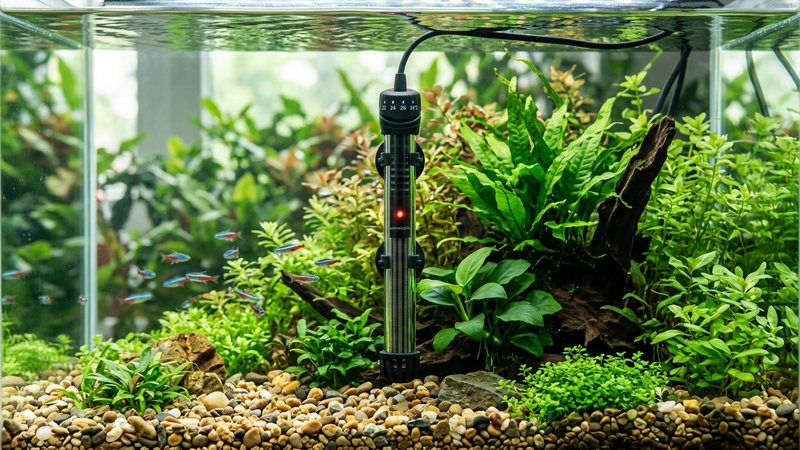 un calentador sumergible de acuario apoyado en vertical dentro de un acuario plantado cristalino, junto a plantas verdes y grava limpia