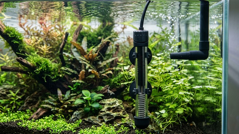 un calentador sumergible colocado en vertical junto a la salida de un filtro dentro de un acuario plantado, con el agua limpia en suave movimiento