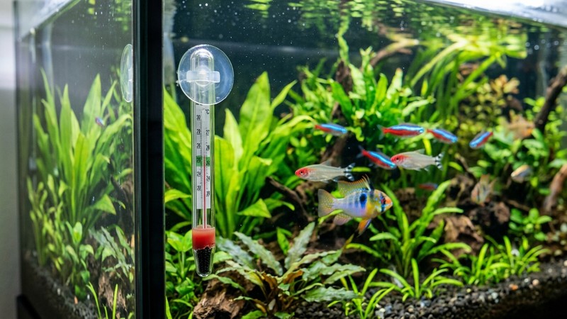 un termómetro de acuario adherido al cristal en una esquina del tanque, con peces tropicales de colores nadando al fondo entre plantas verdes