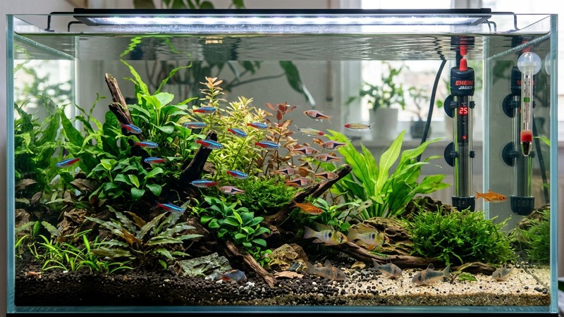 un acuario tropical plantado sano y equilibrado con un termómetro y un calentador visibles en reposo dentro del agua cristalina y peces activos