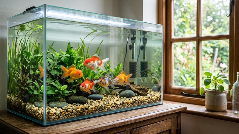 un acuario de agua fría con goldfish nadando tranquilos en agua muy limpia junto a una ventana con luz natural suave