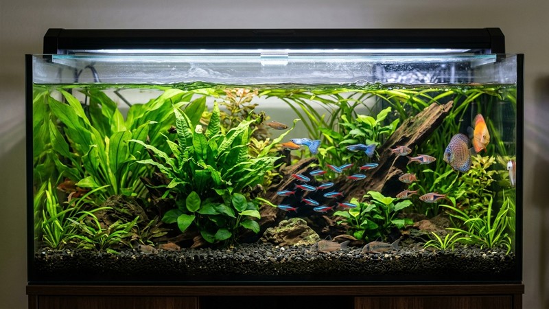 un acuario tropical tapado con su cubierta puesta y la superficie del agua en suave movimiento, con peces coloridos activos entre plantas verdes