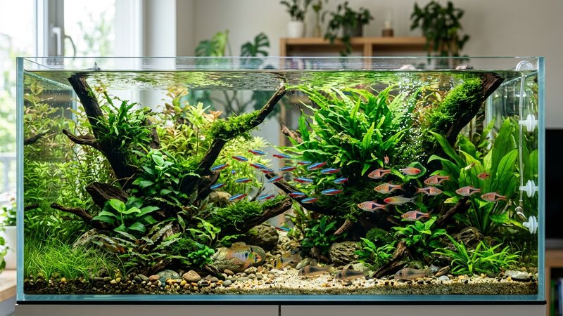 un acuario plantado templado y saludable con peces tropicales de colores vivos, agua cristalina y una vegetación exuberante y verde