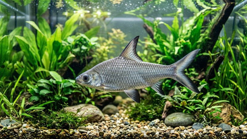 un pez tiburón bala plateado en primer plano dentro de un acuario de agua dulce, cuerpo fusiforme metálico y aleta dorsal alta triangular, fondo de plantas acuáticas verdes y agua transparente