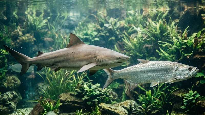un tiburón bala adulto de gran tamaño nadando en un acuario amplio, un pez plateado largo y robusto que ocupa buena parte del encuadre, plantas verdes desenfocadas al fondo