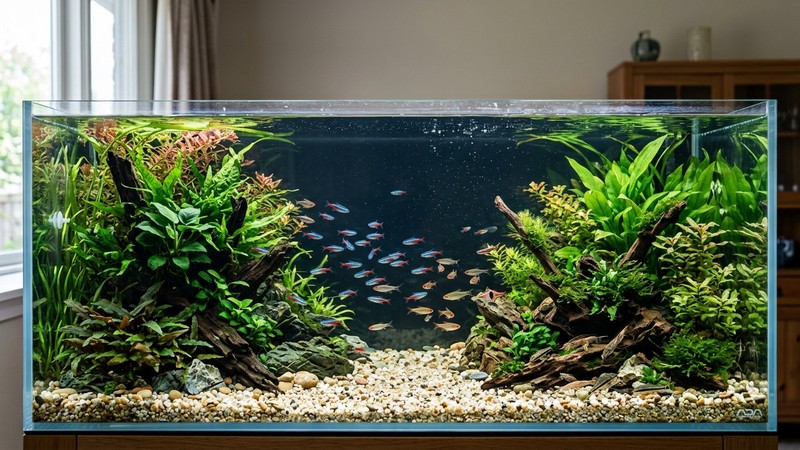 un acuario largo y espacioso, plantado densamente en los laterales y con la zona central despejada y libre para que los peces naden, agua cristalina y grava clara en el fondo
