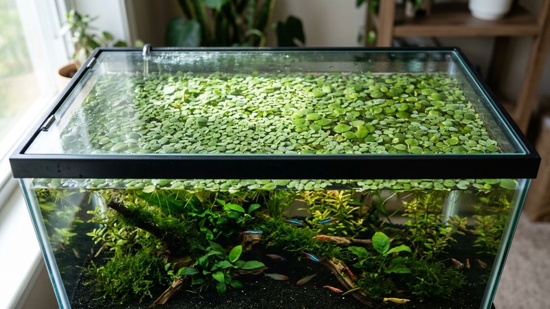 la superficie de un acuario cubierta por plantas flotantes verdes y una tapa de cristal cerrada por encima, luz suave filtrándose entre las hojas, agua limpia debajo