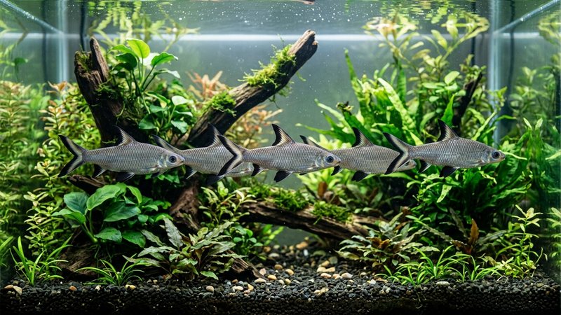 un cardumen de cinco peces tiburón bala plateados nadando en formación por un acuario plantado, cuerpos alineados y aletas ribeteadas de negro, agua cristalina