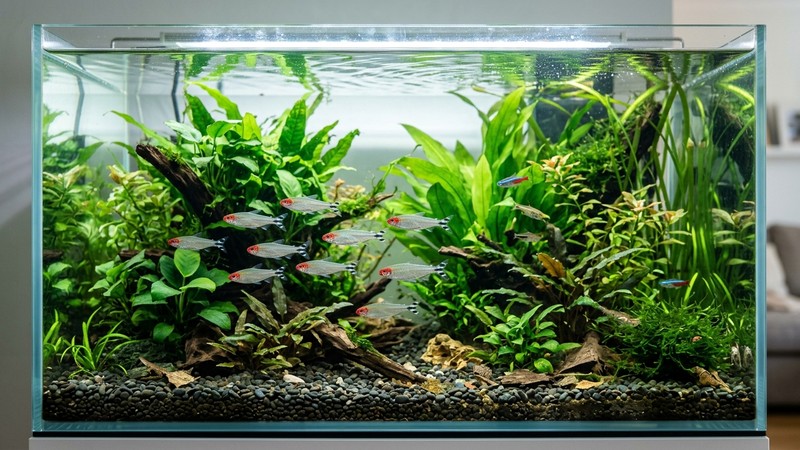 un acuario tropical bien iluminado con agua cristalina y templada, plantas verdes sanas y peces plateados nadando activos, ambiente cálido y limpio