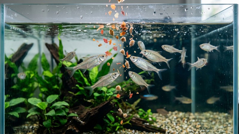 escamas de comida y pequeños trozos de alimento congelado tipo artemia cayendo sobre la superficie de un acuario limpio, con peces plateados subiendo a comer, agua cristalina