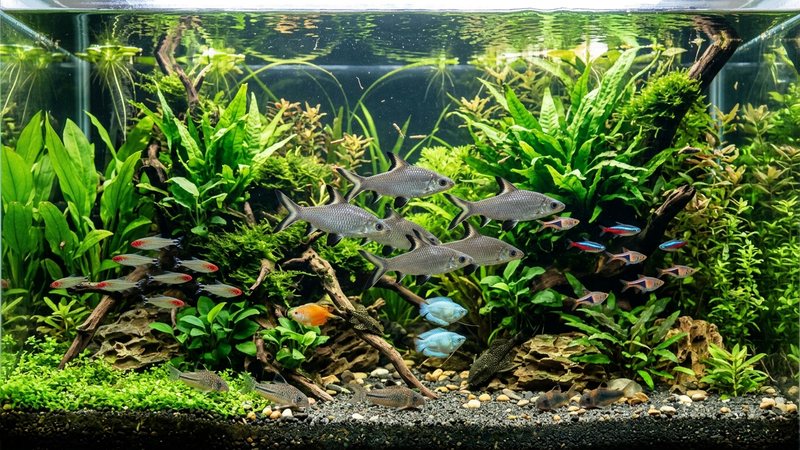un acuario comunitario plantado con varios peces de tamaño medio conviviendo, entre ellos tiburones bala plateados, agua cristalina y vegetación verde exuberante