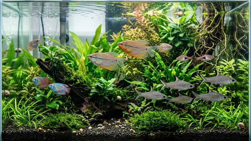 peces robustos de tamaño medio-grande en un acuario plantado, gouramis coloridos y ciprínidos plateados nadando entre plantas verdes, agua limpia y clara