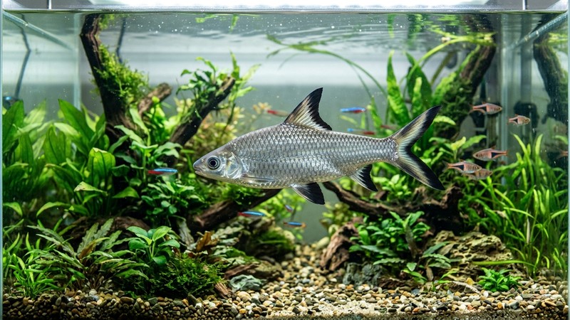 un tiburón bala plateado elegante deslizándose por un acuario grande y bien plantado, reflejos metálicos en su cuerpo y aletas con puntas negras, agua cristalina y luz suave