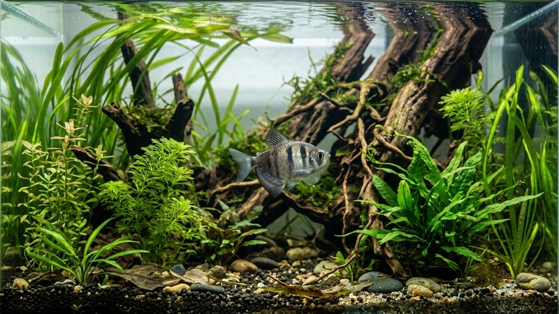 un tetra monjita nadando entre plantas acuáticas que se mecen por una corriente suave dentro de un acuario cristalino, con troncos y raíces al fondo y agua transparente