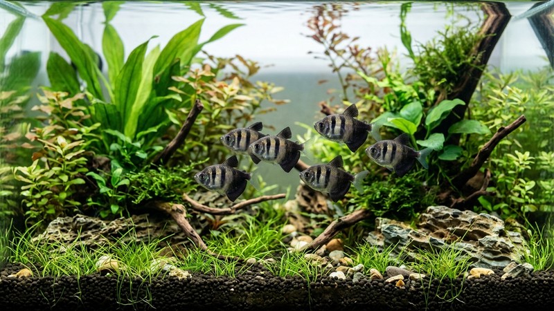 varios tetras monjita jóvenes de contraste intenso, con el negro muy marcado y rotundo, nadando en un acuario plantado bien mantenido de agua cristalina
