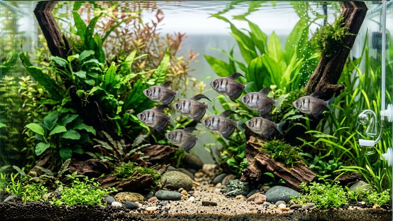 un cardumen numeroso de ocho o diez tetras monjita nadando agrupados y tranquilos en la zona media de un acuario plantado espacioso de agua cristalina