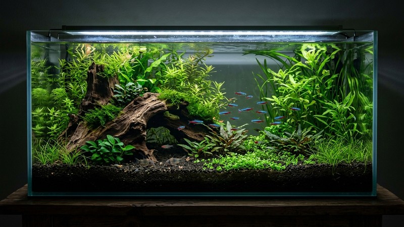 un acuario plantado bien montado con sustrato oscuro, varias plantas verdes de distinta altura, un tronco de madera como refugio y una zona despejada para nadar, con iluminación tenue y agua transparente