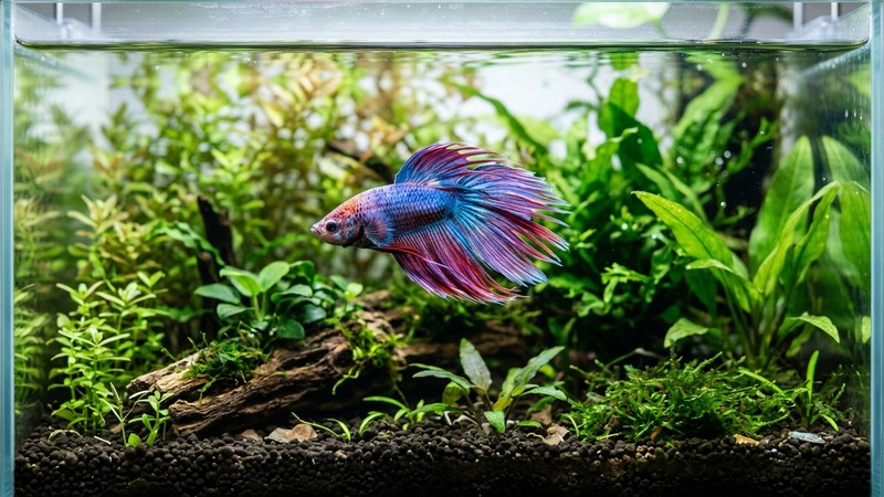 un pez de aletas largas y ondulantes, como un guppy o un betta sano y vigoroso de colores vivos, nadando tranquilo en su propio acuario plantado de agua cristalina