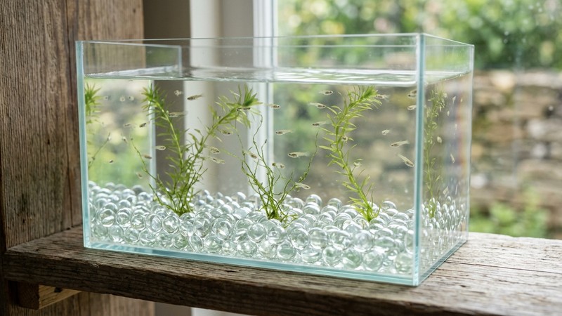 un pequeño acuario de cría sencillo con el fondo cubierto de canicas de cristal transparentes y unas matas de plantas finas, agua clara y limpia, sin decoración recargada