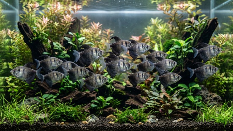 un cardumen de tetras monjita surcando la zona media de un acuario plantado, con sus faldas negras bien contrastadas sobre el cuerpo gris y el agua perfectamente cristalina