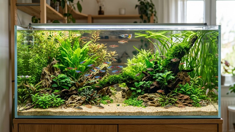 un acuario de agua dulce plantado, sano y con agua totalmente cristalina, con peces de colores nadando tranquilos entre plantas verdes frondosas, vista frontal completa