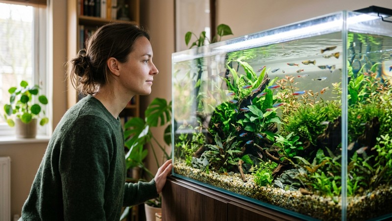 una persona observando de cerca y con calma su acuario de agua transparente, con los peces sanos nadando al fondo
