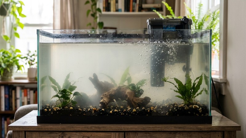 un acuario recién montado con el agua ligeramente lechosa y un filtro trabajando al fondo entre pequeñas burbujas