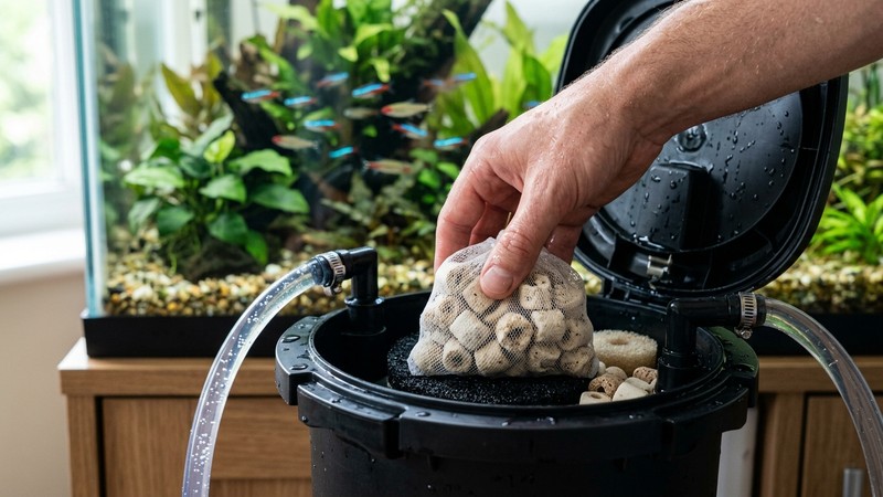 material filtrante biológico poroso colocado dentro de un filtro de acuario abierto, sin manos