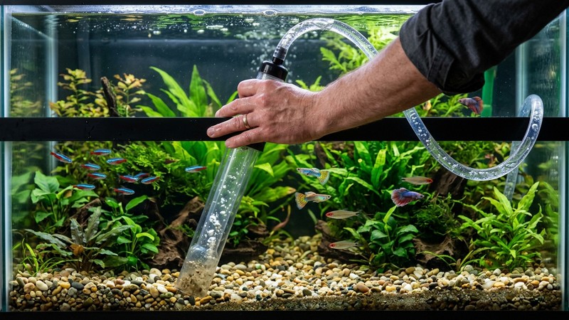 un sifón de grava y una cubeta limpia apoyados junto a un acuario de agua cristalina