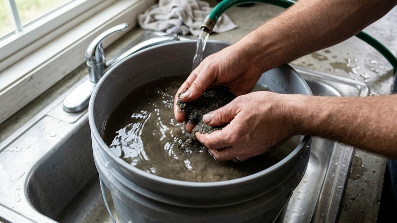un primer plano de sustrato de arena de acuario limpio dentro de una cubeta con el agua clara alrededor