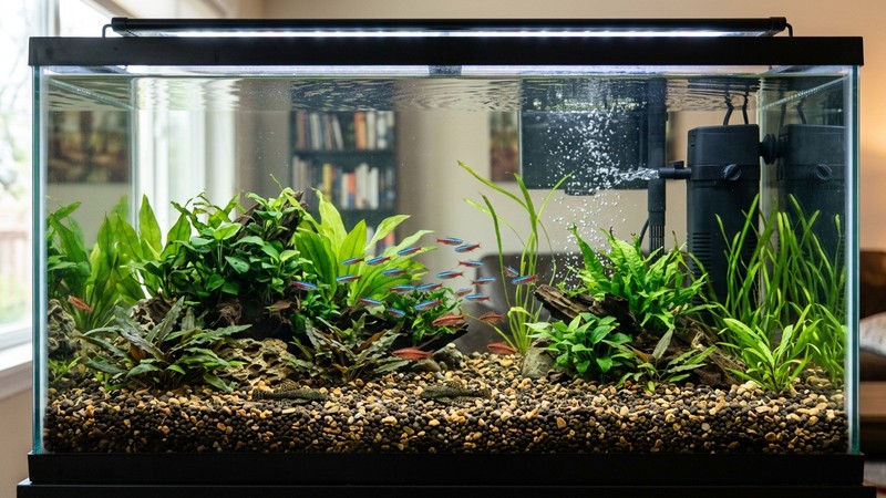 un acuario limpio con el agua cristalina y las partículas ya asentadas en el fondo de grava, con el filtro trabajando al fondo