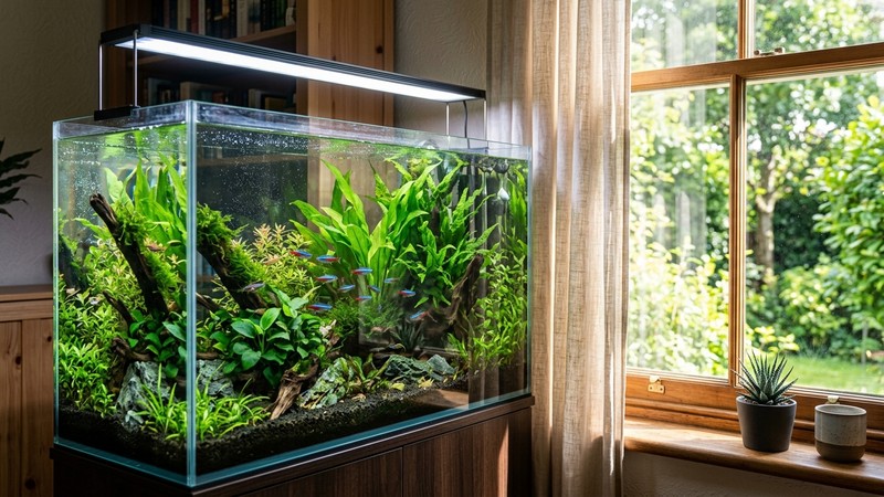 un acuario junto a una ventana con luz solar controlada, con plantas verdes sanas y agua clara, mostrando un buen manejo de la luz