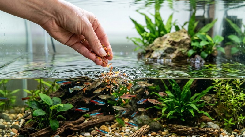 una mano dando una pequeña cantidad justa de alimento en escamas a peces sanos que suben a comer en la superficie del agua clara