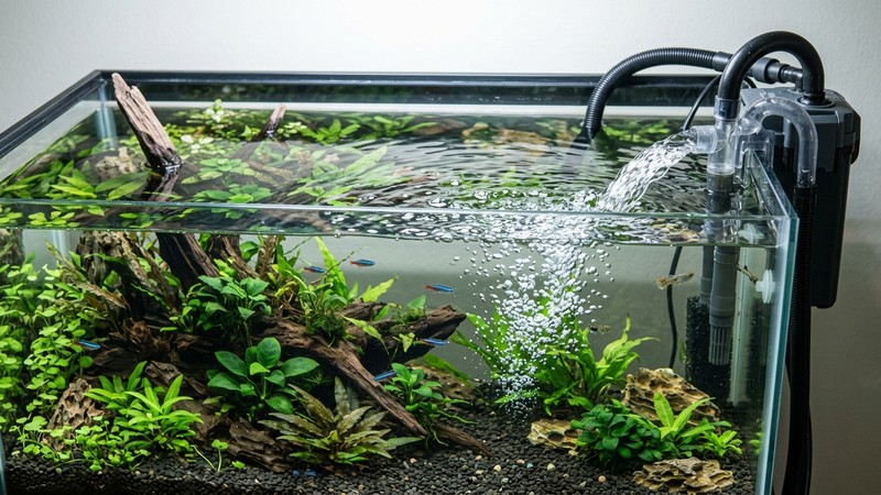 un filtro de acuario en pleno funcionamiento devolviendo un chorro de agua clara y oxigenada a la superficie del acuario